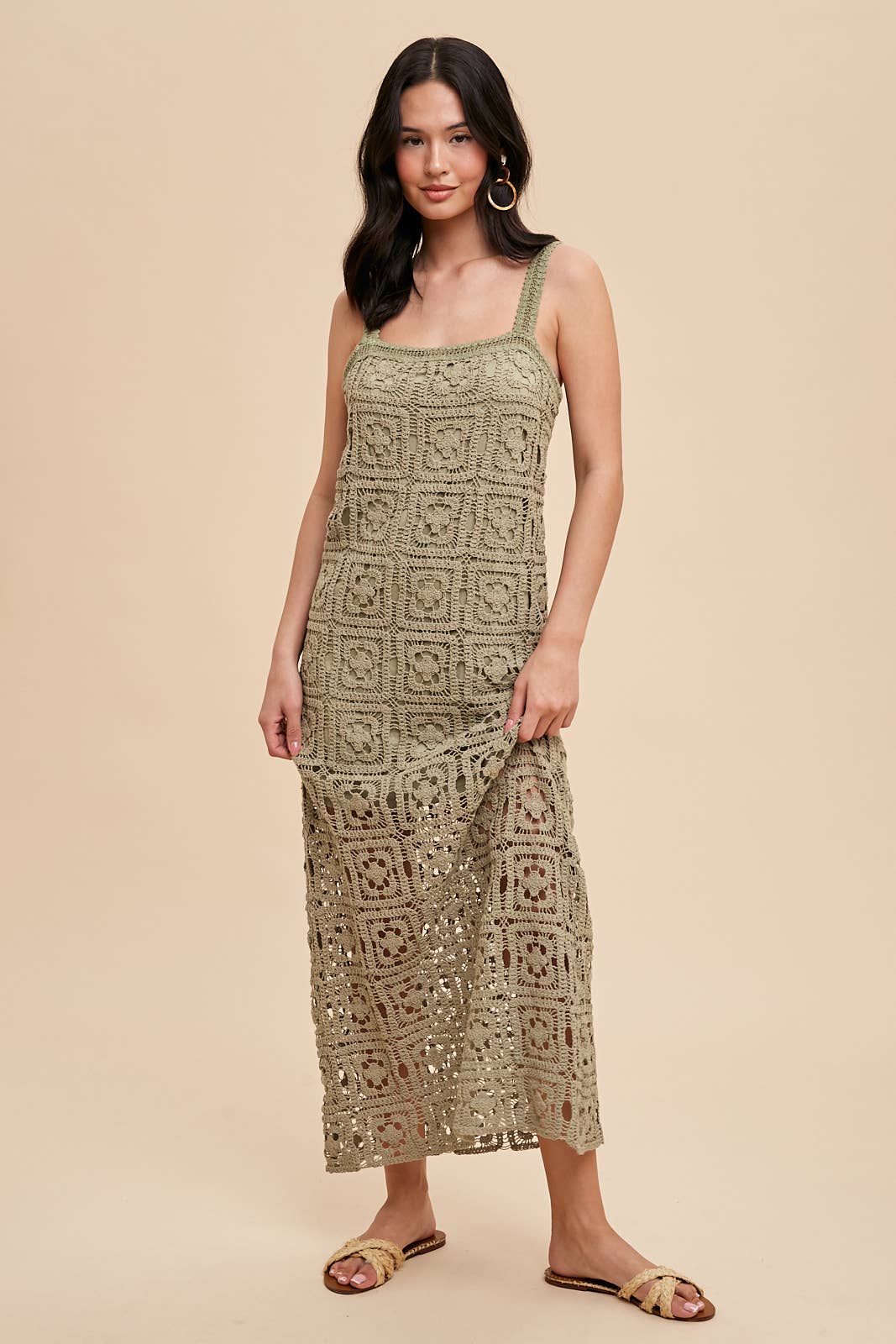 COTTON CROCHET MAXI TANK DRESS: DUSTY OLIVE / ILD5424-N