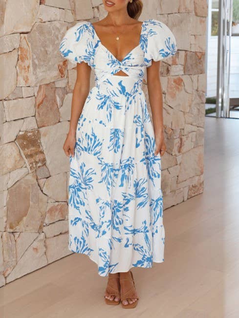 Puff off the shoulder twist floral prairie maxi dress: Yellow / RCJY00262-Yellow