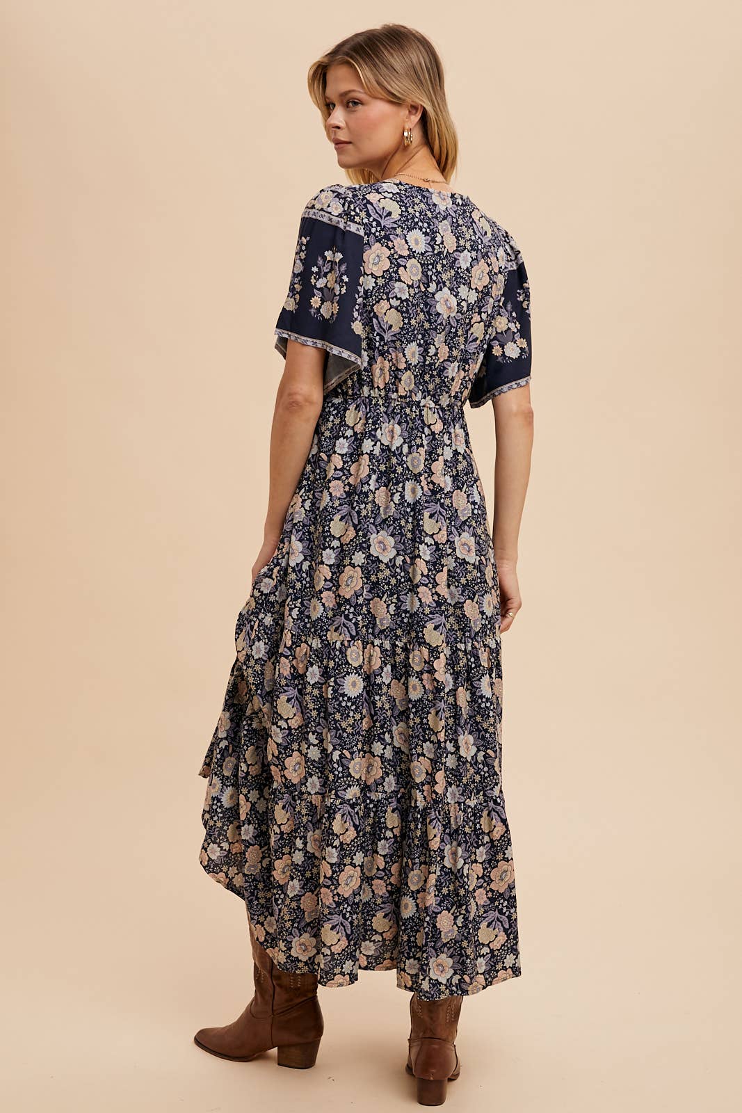 BORDER PRINT BUTTON FRONT MIDI DRESS: DUSTY BLUE / ILD4971-A