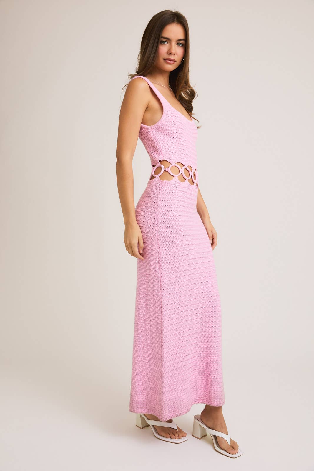 SQUARE NECK SLEEVELESS CROCHET MIDI DRESS: CREAM / MWD6871