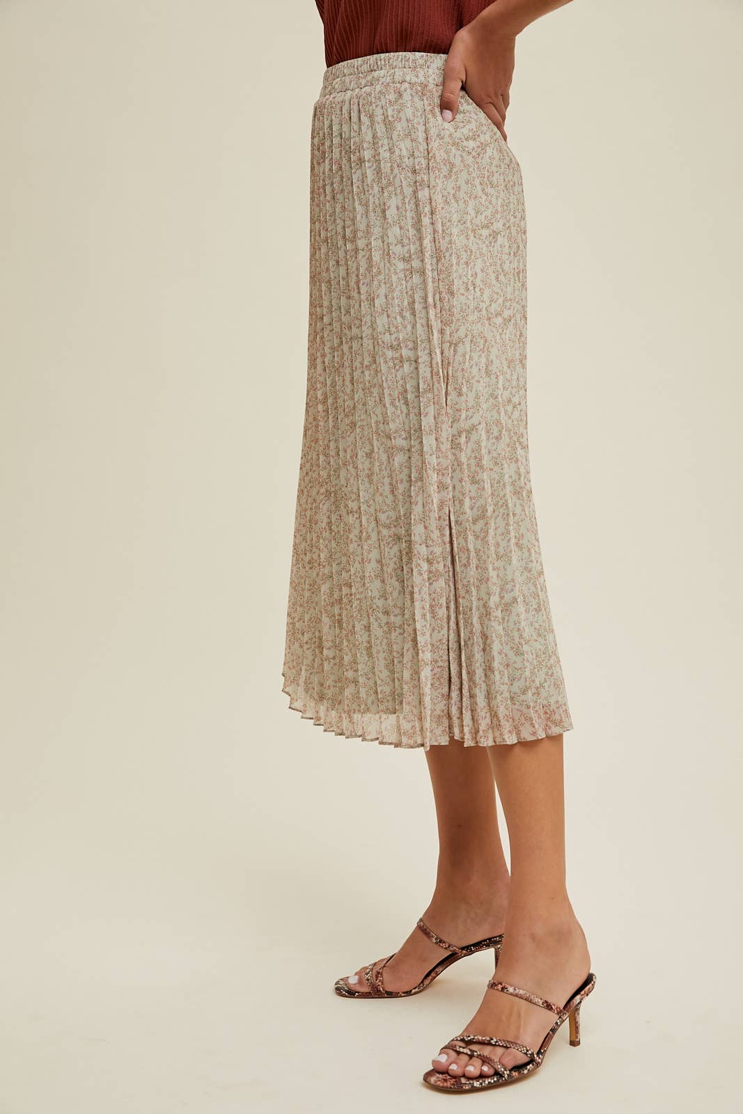 FLORAL PLEATED MIDI SKIRT / WL24-8878: MINT