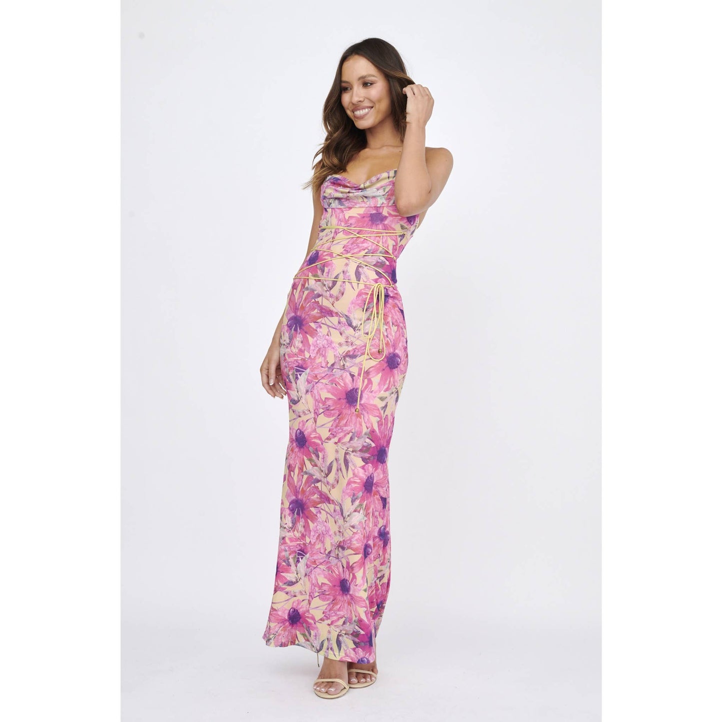 COWL NECK LACE FRONT DETAIL MAXI DRESS: PINK / ME0196DM09