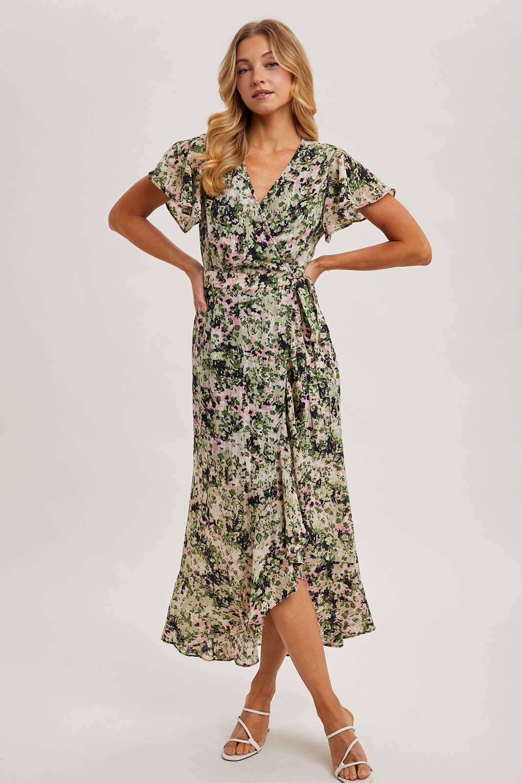 FLORAL PRINT WRAP RUFFLED MIDI DRESS: BLUE D02356