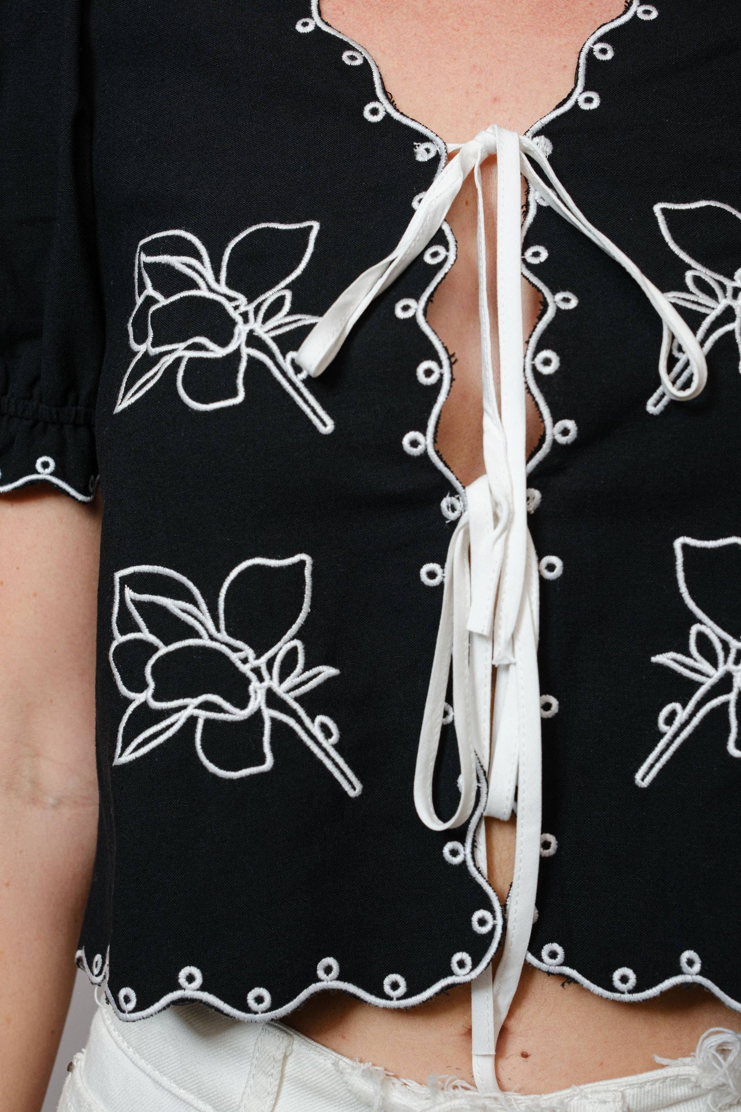 99387T - Puff Sleeve Embroidered Tie Front Blouse : WHITE / BlueB