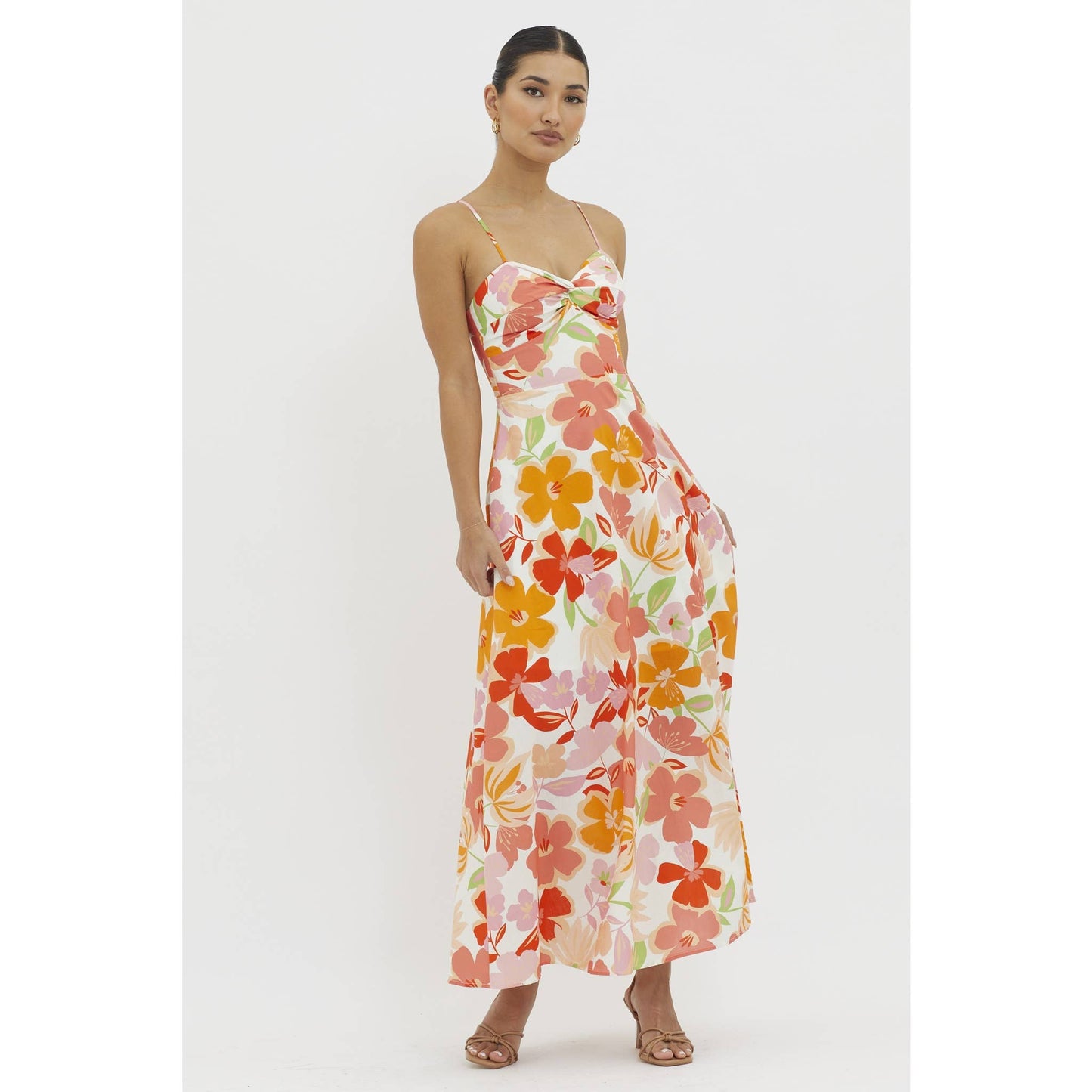 SLEEVELESS FLORAL PRINT FRONT TWIST MAXI DRESS: BLUE / 64349H
