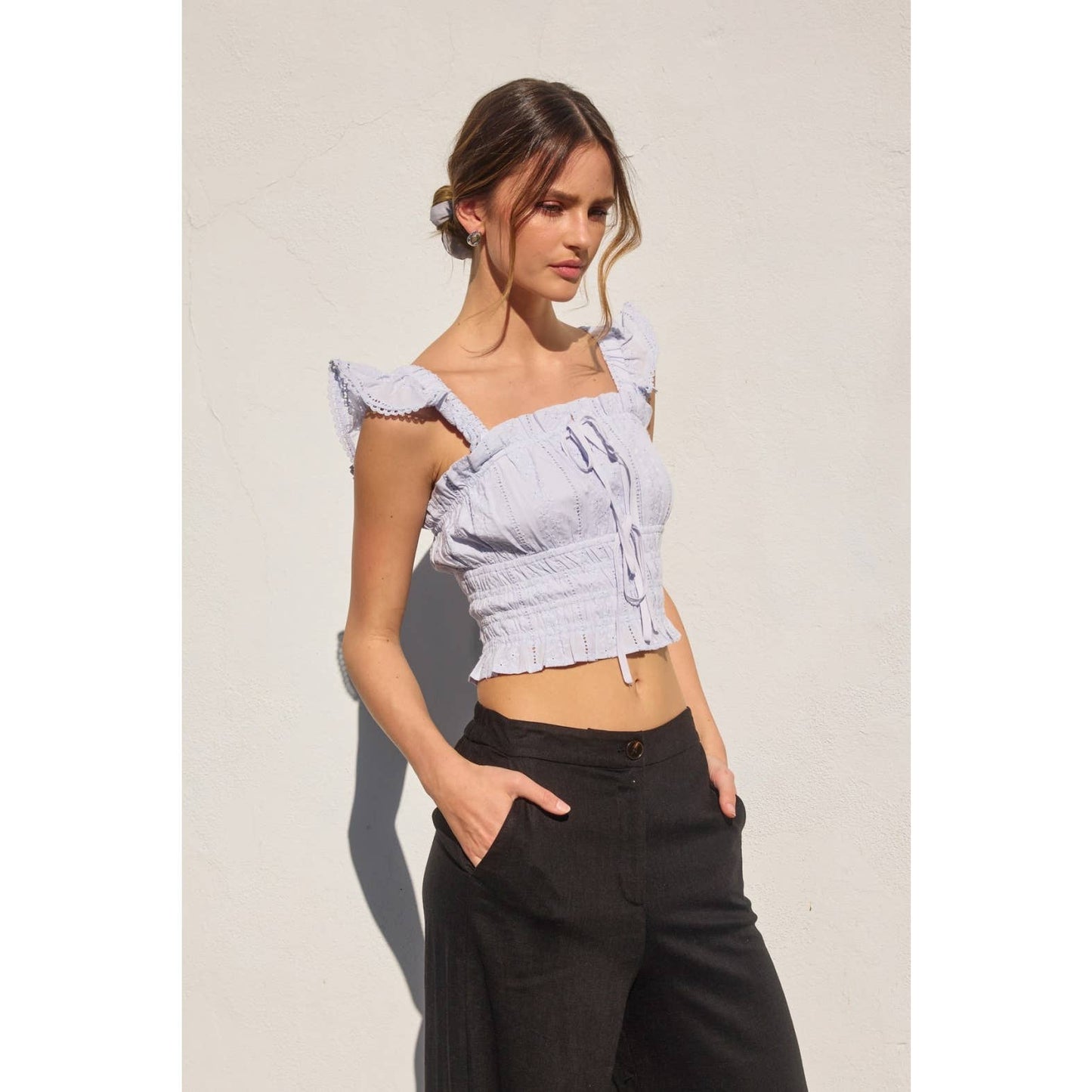 Sunbeam Eyelet Lace Trim Flutter Sleeve Top: CASHMERE BLUE / FT12699-CP486_1