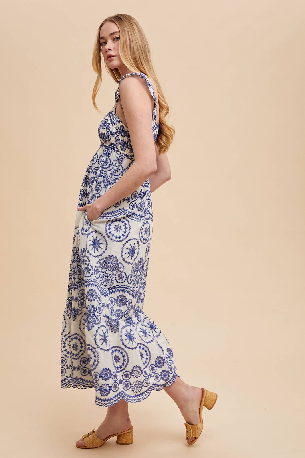 COTTON EMBROIDERED EYELET MAXI DRESS: SANTORINI / ILD6265