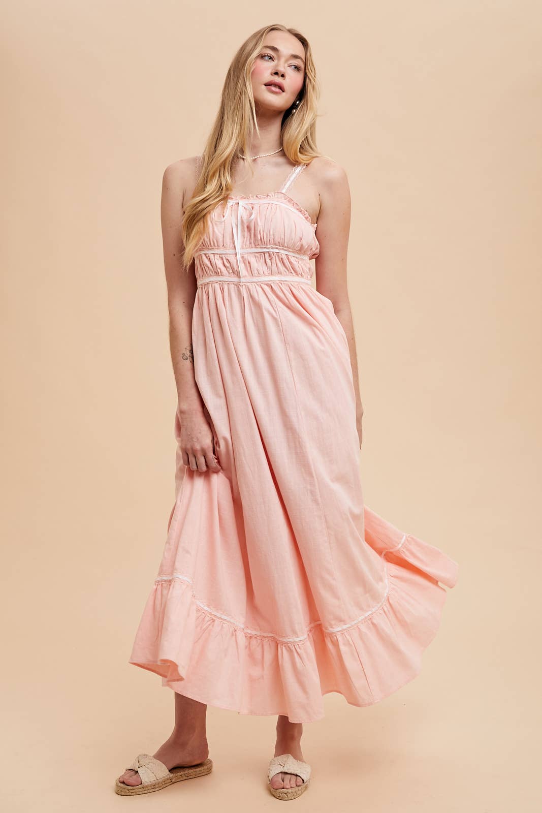 CONTRAST LACE COTTON MAXI DRESS: OFF-WHITE / ILD6204