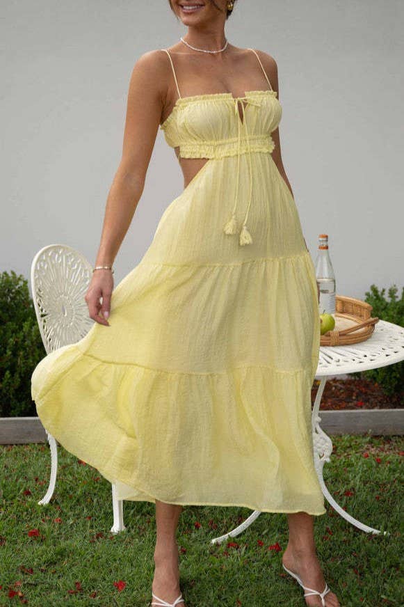 Solid bandeau strap backless swing maxi tiered dress: Blue / RCJY00340-Blue