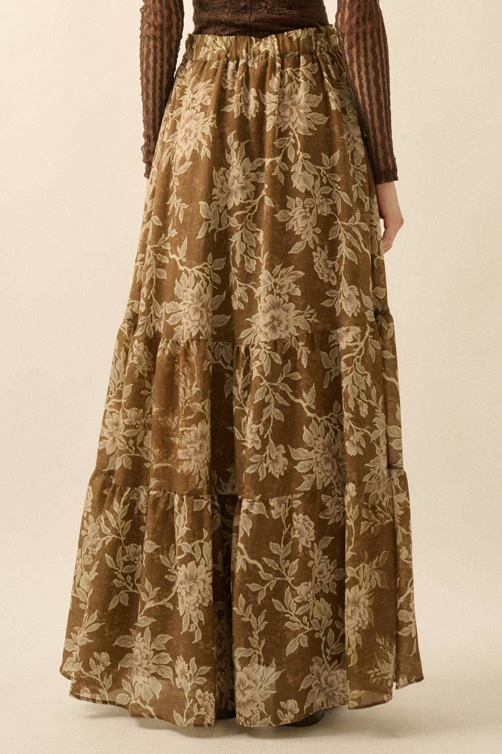 Floral Lace-Trimmed Tiered Button-Front Maxi Skirt: OLIVE BROWN / FSC0134