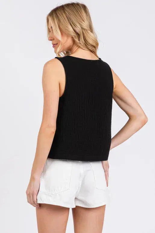 Cotton Gauze Round Neck Sleeveless Top - NT31273A: Black
