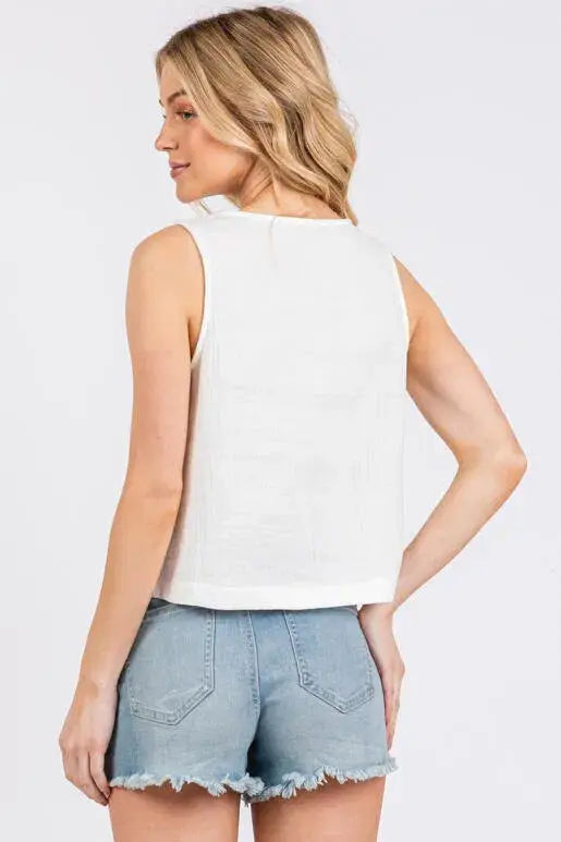 Cotton Gauze Round Neck Sleeveless Top - NT31273A: Black