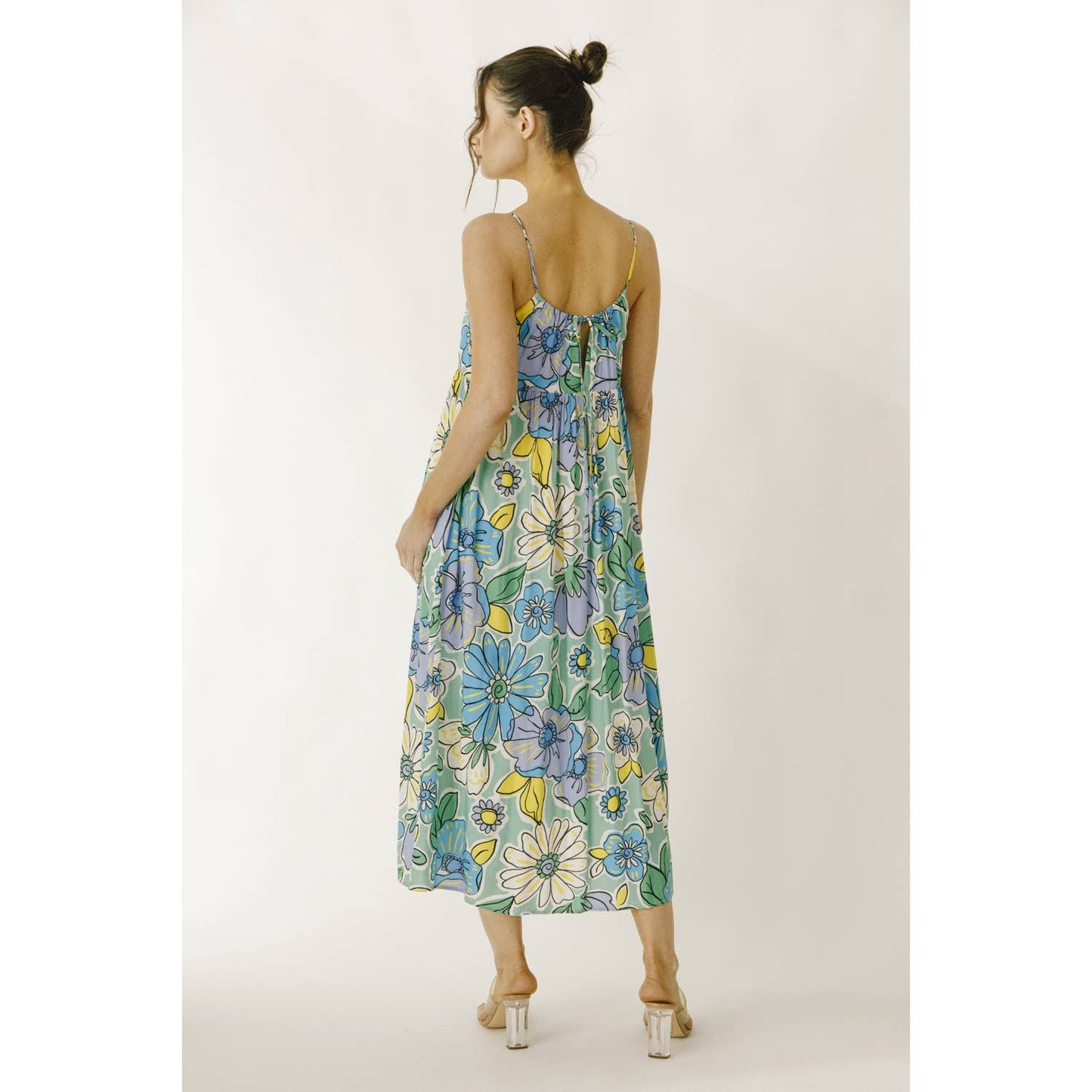 JD4711-1- LARGE BRIGHT FLORAL BABY DOLL MIDI DRESS: GREEN