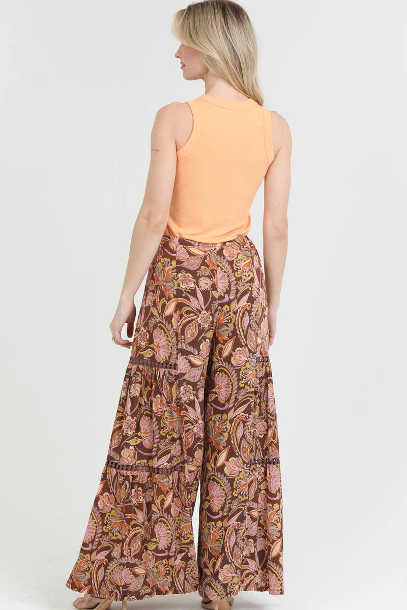 B3724-A936 TIE WAIST WIDE LEG PRINTED PANTS WITH LACE INSERT