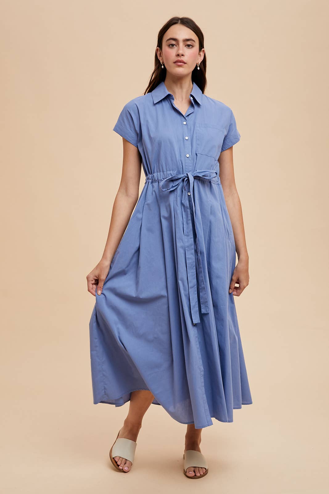 BUTTON DOWN SHIRT MAXI DRESS: OLIVE PALM / ILD6353