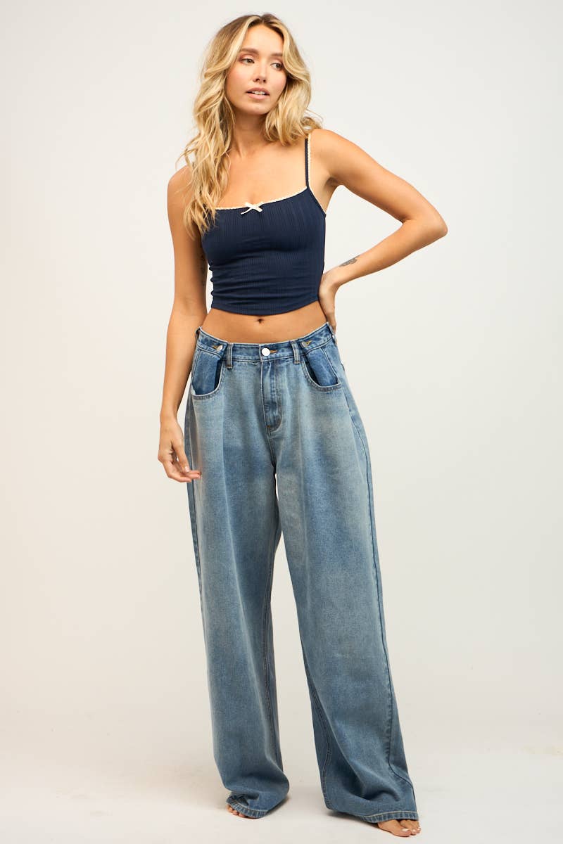 SLEEVELESS POINT RIBBON SLIM-FIT CAMI CROP TOP: Heater Grey / SM-T10317A