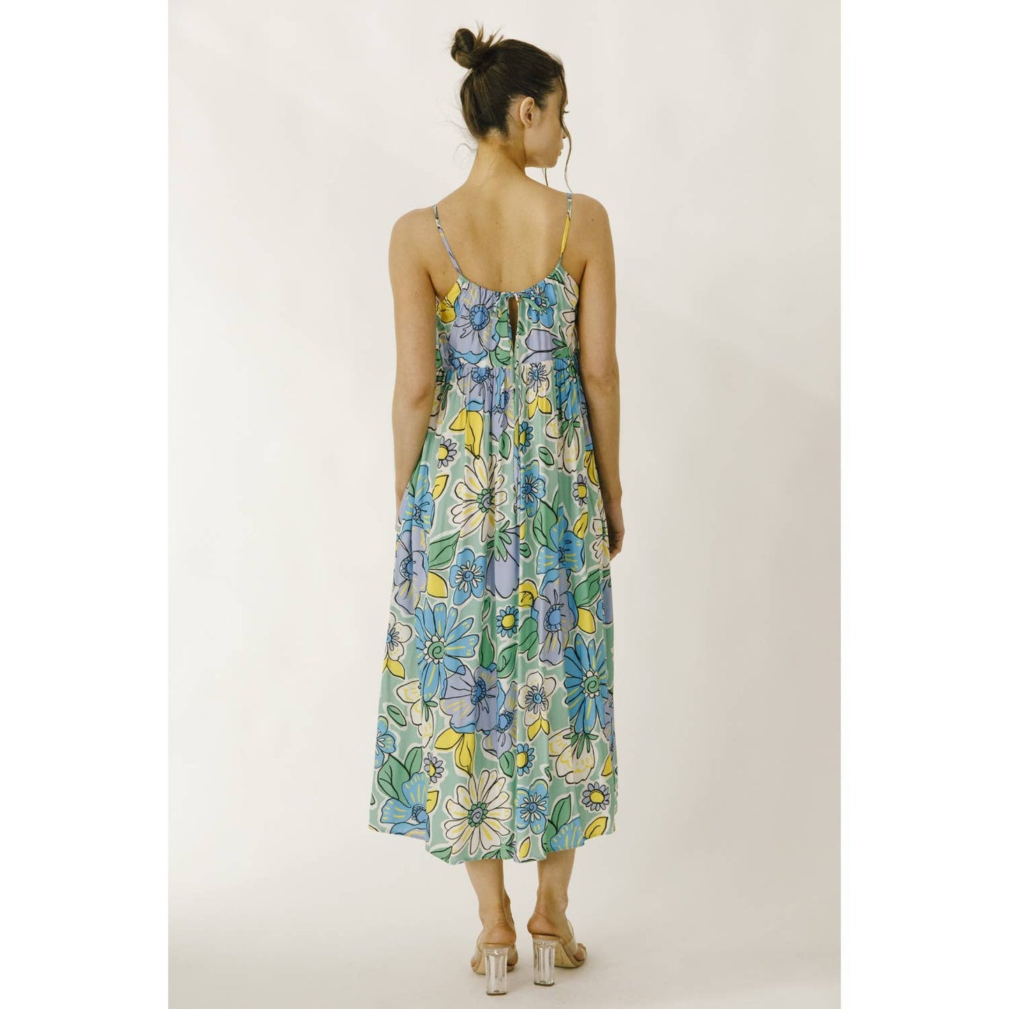 JD4711-1- LARGE BRIGHT FLORAL BABY DOLL MIDI DRESS: GREEN