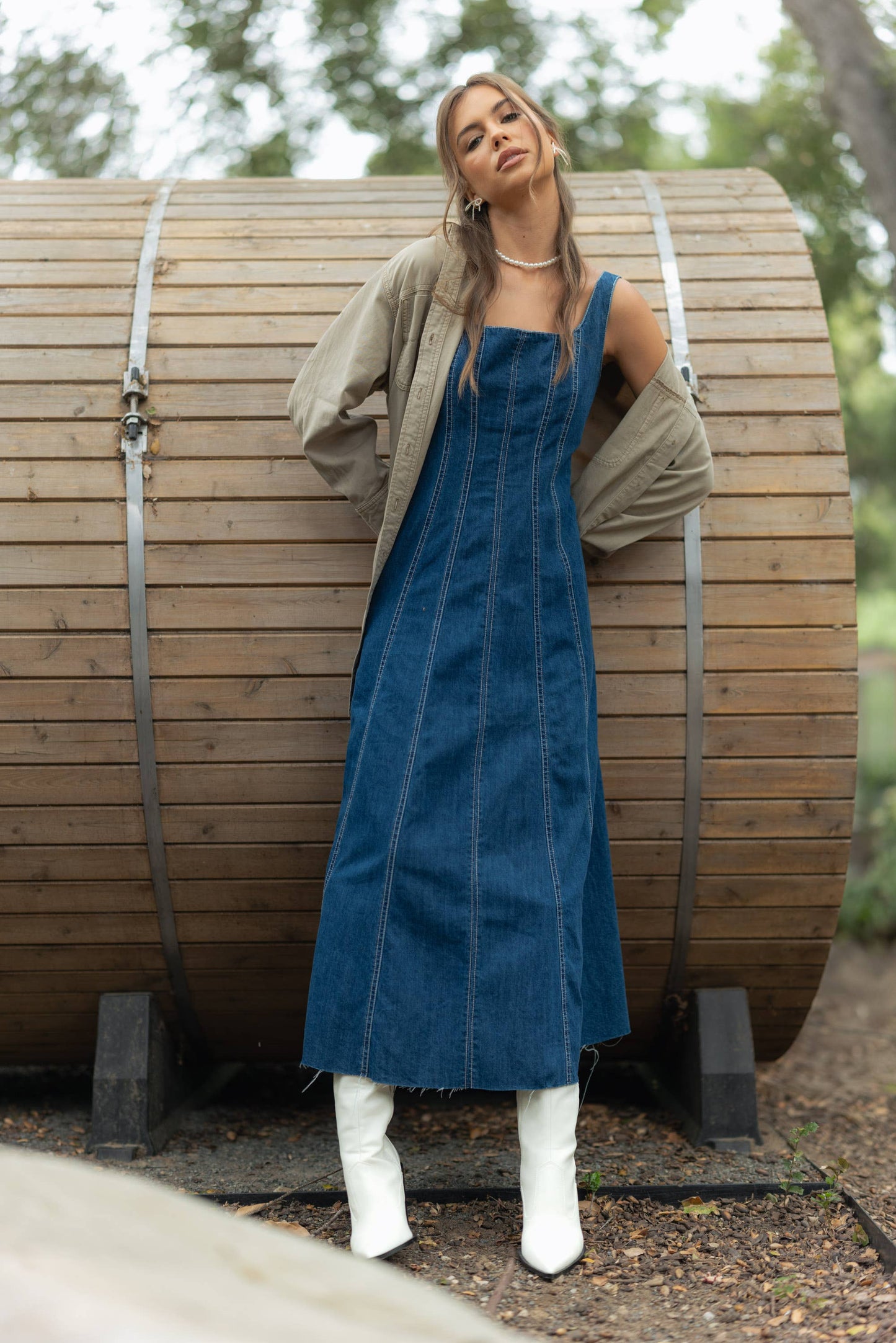 D3099 PANELED DENIM LONG DRESS: DENIM