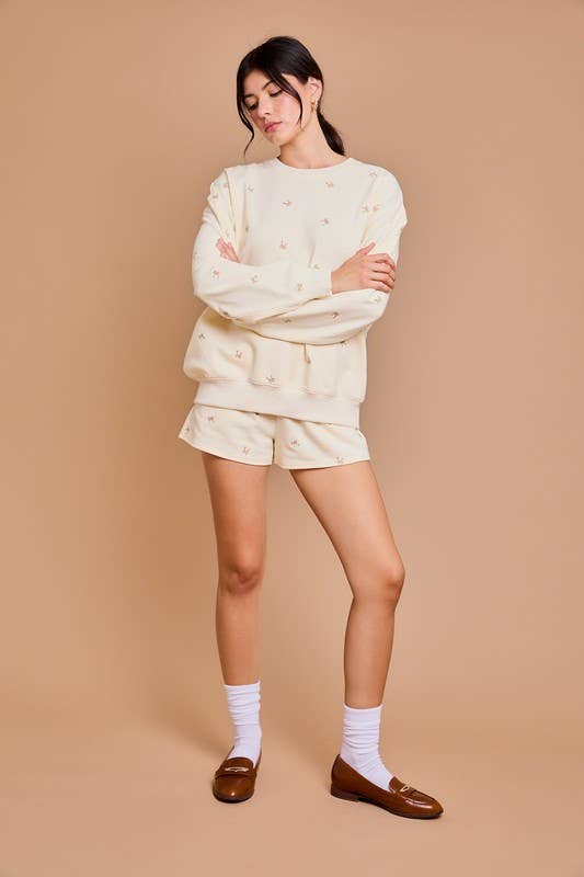 Ribbon Embroidered Sweat Shorts: Cream-taupe / MP7077G-1