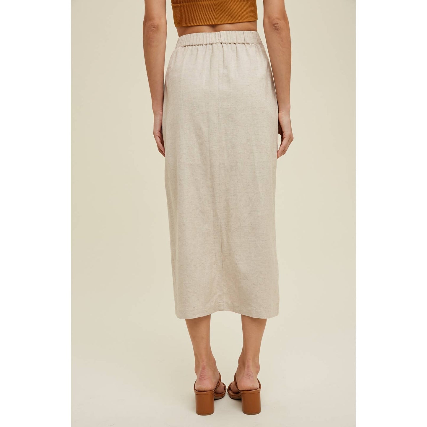 LINEN MIDI SKIRT WITH FRONT SLIT DETAIL / WL24-8822: OATMEAL