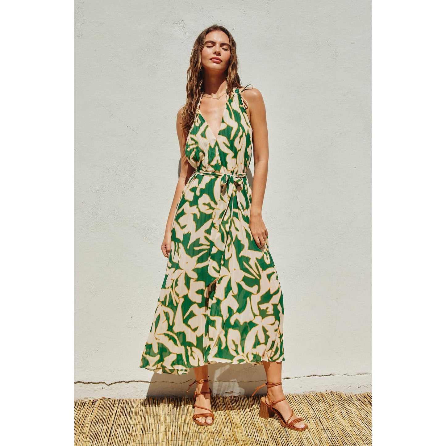 All The Time Plunging Satin Pleated Maxi Dress: IBIZA BLUSH / FD11235-P1633