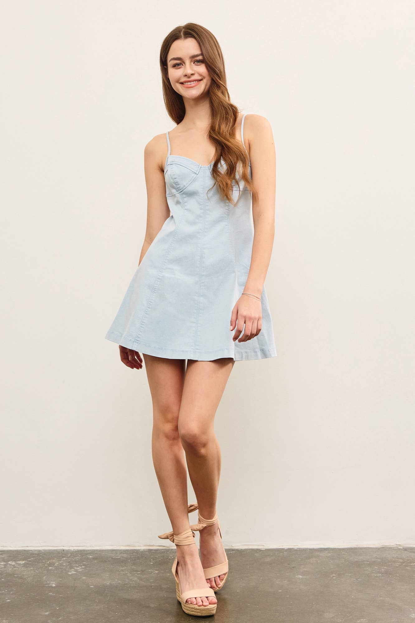 SWEETHEART NECK A LINE DENIM CAMI DRESS: White / DS0841