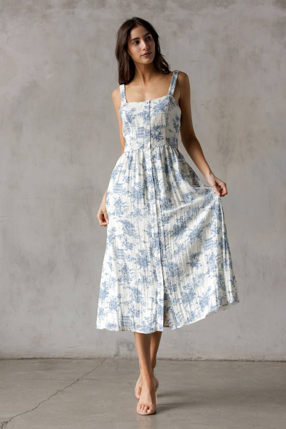 SJD7548-WHITE BLUE MIDI DRESS: WHITE/BLUE