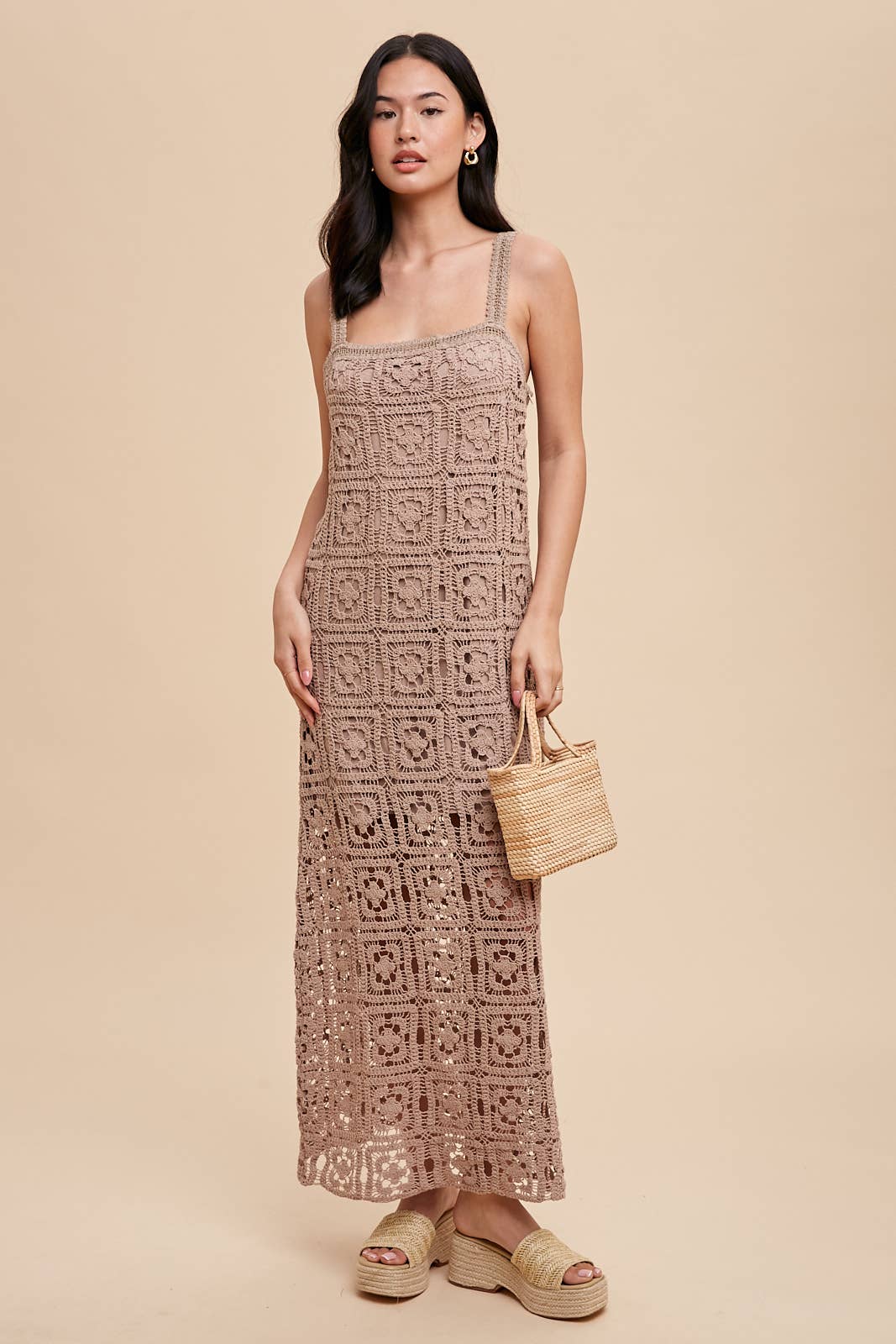 COTTON CROCHET MAXI TANK DRESS: MUSHROOM / ILD5424-N