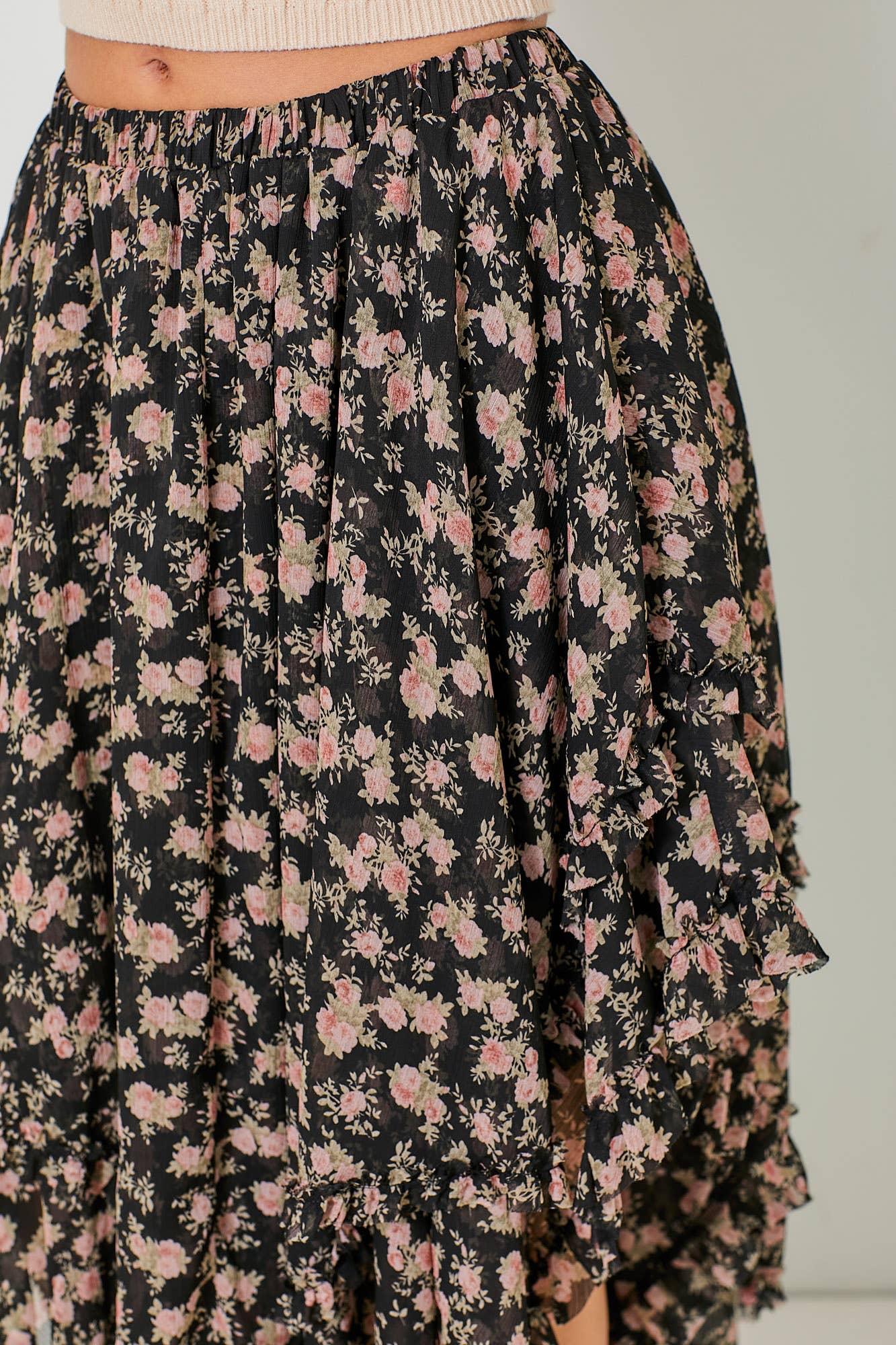 FLORAL MIDI SKIRT: BLACK BK1275-A