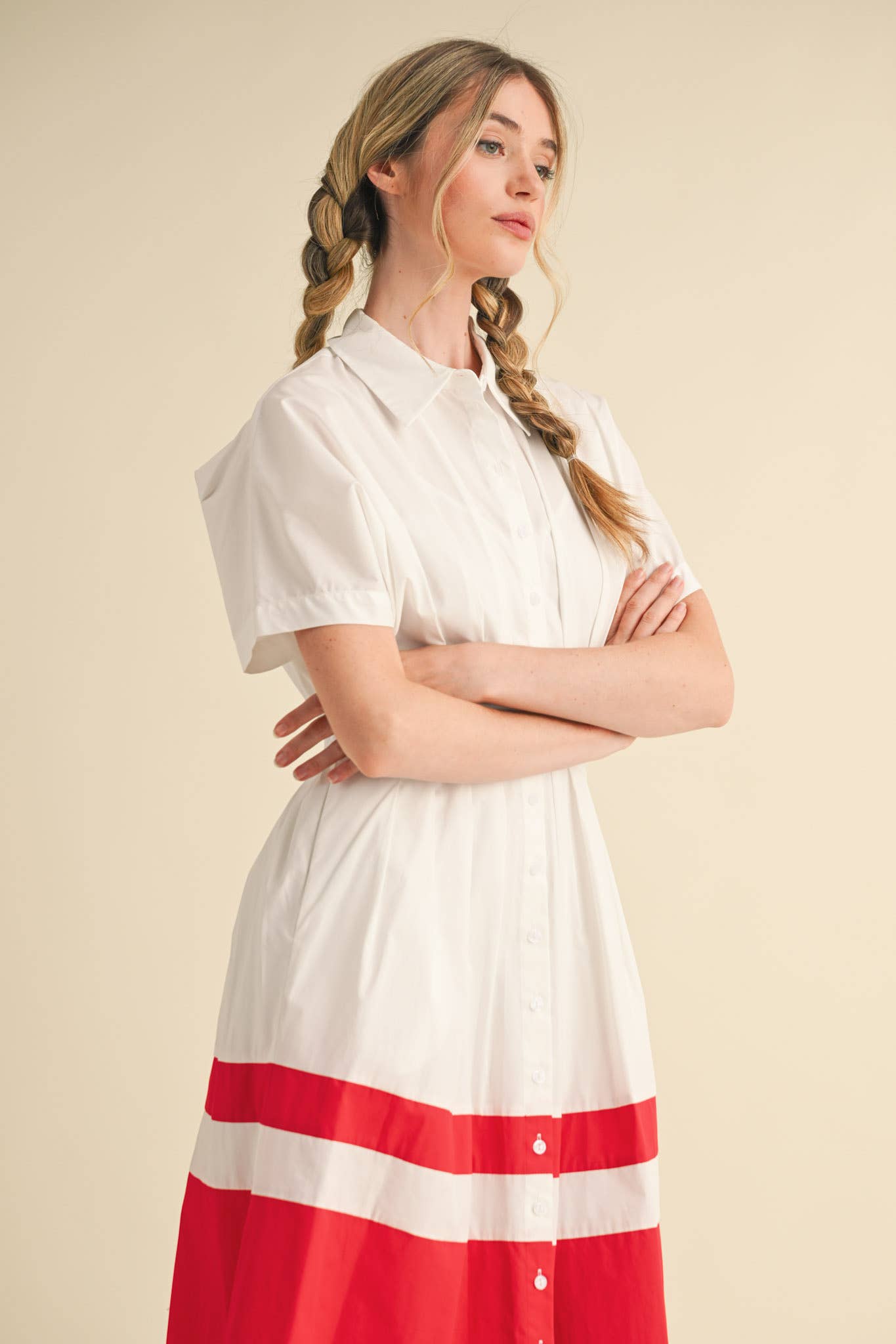 BUTTON DOWN PLEATED WAIST COLOR BLOCK MIDI DRESS MDR3556
