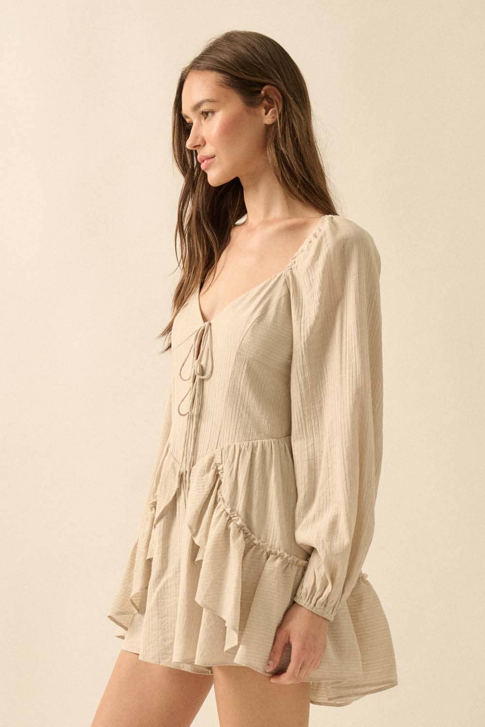Tonal-Stripe Ruffled Tie-Front Peasant Romper: OATMEAL / NPC2301