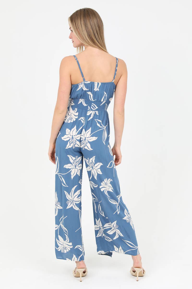 B5957-W921 V NECK SLIT LEG JUMPSUIT FLORAL PRINT: Blue