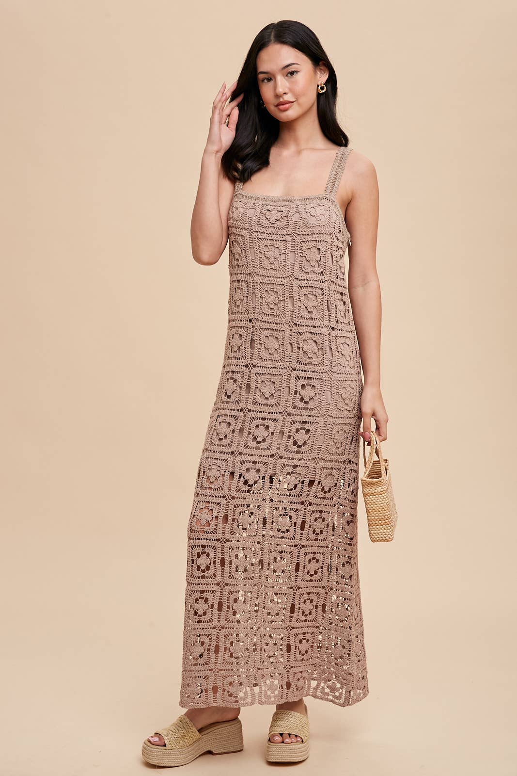 COTTON CROCHET MAXI TANK DRESS: MUSHROOM / ILD5424-N