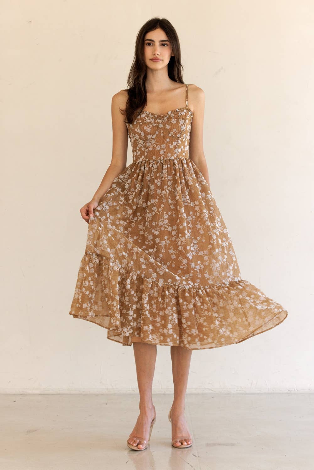 HD1724-39-FLORAL PRINT RUFFLED HEM MIDI DRESS: DK CORAL/FLORAL