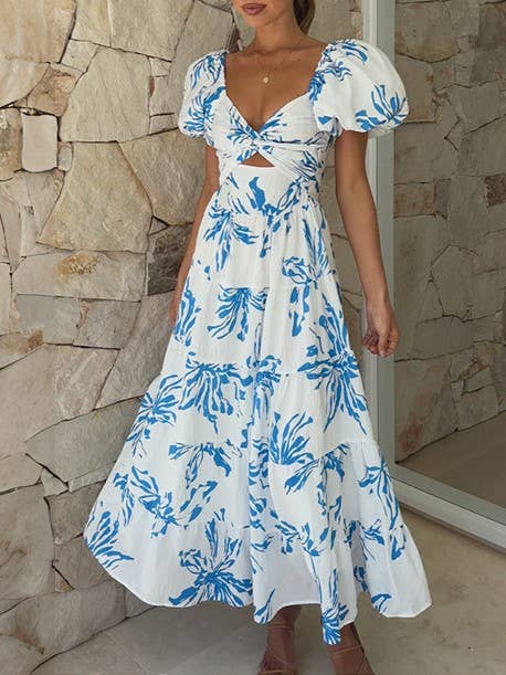 Puff off the shoulder twist floral prairie maxi dress: Yellow / RCJY00262-Yellow