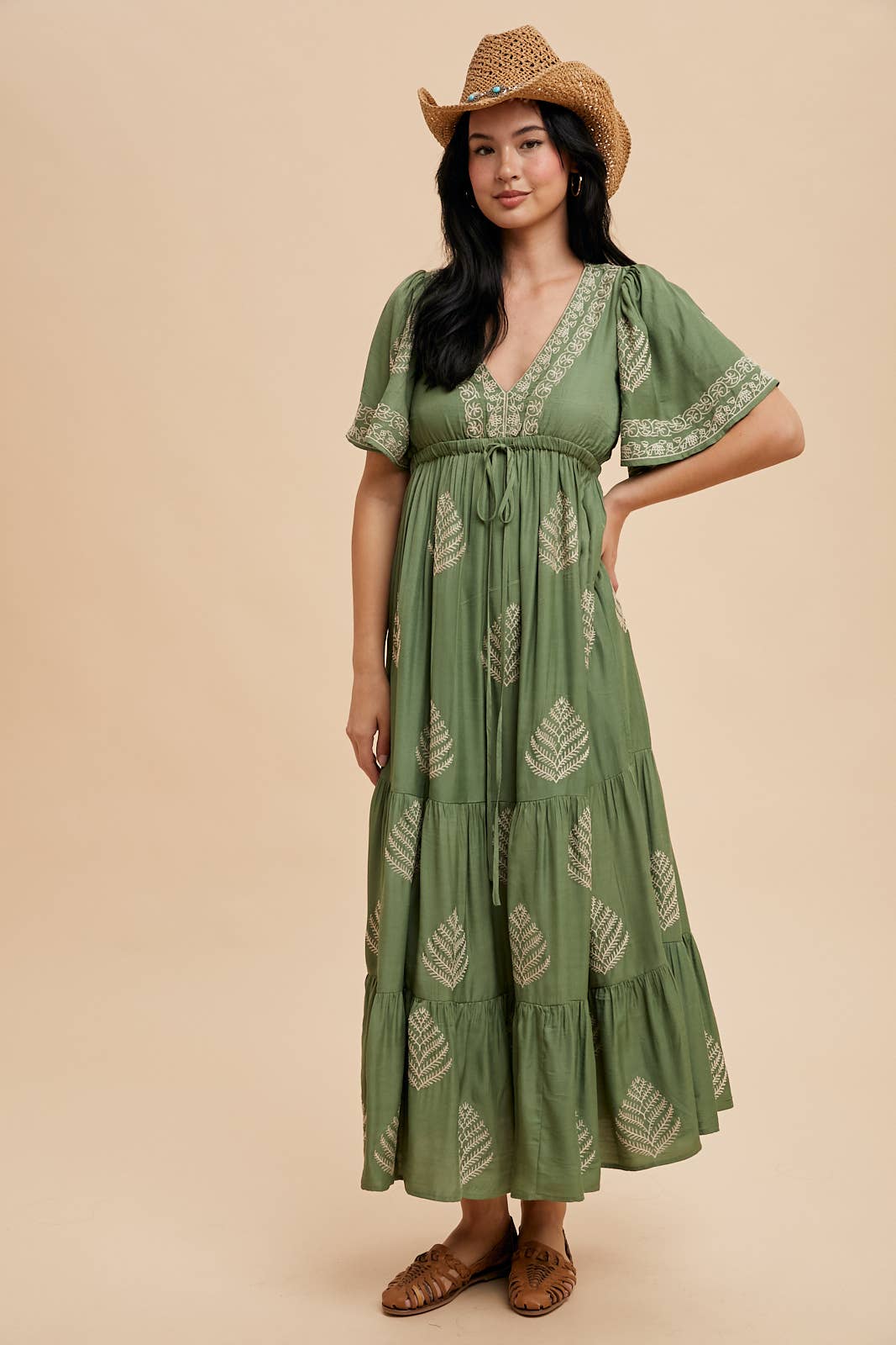 ALL OVER EMBROIDERED MAXI DRESS: OLIVE / ILD5578