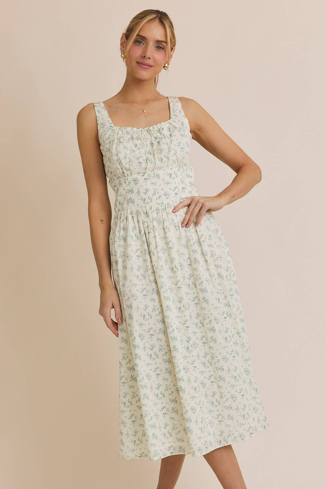 SQUARE NECK SLEEVELESS LINEN MIDI DRESS: CREAM-BLUE FLORAL / MD10126-1