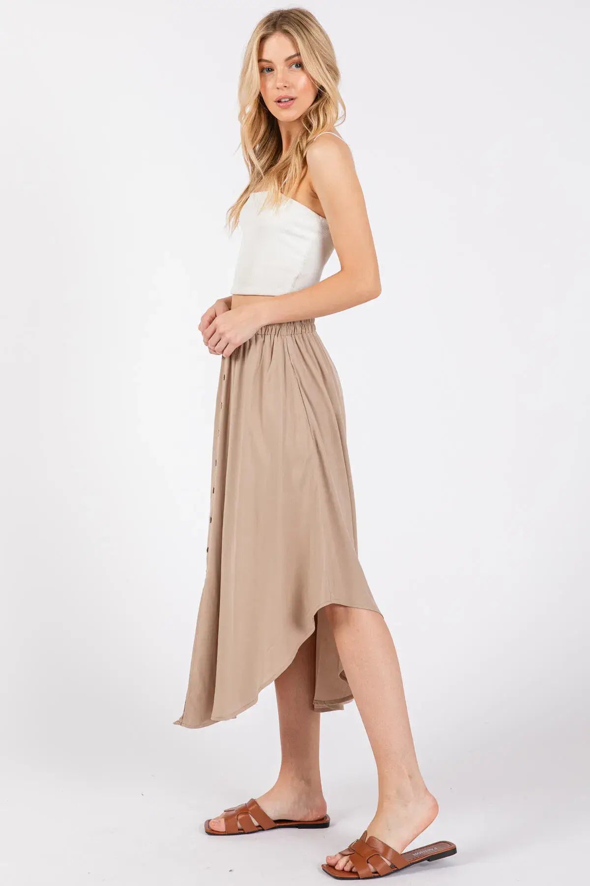 Solid Elastic Waist Midi Skirt - NS80162D: Dune