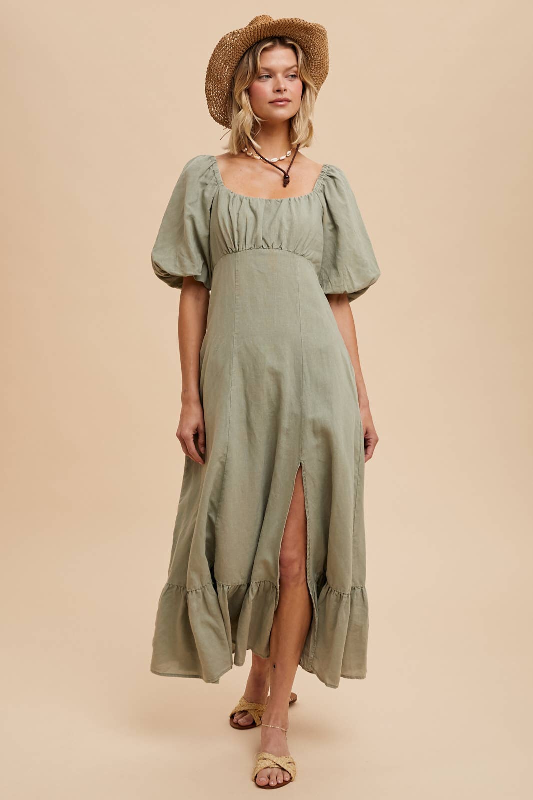 LINEN FIT AND FLARE EMPIRE DRESS: OFF-WHITE / ILD5689