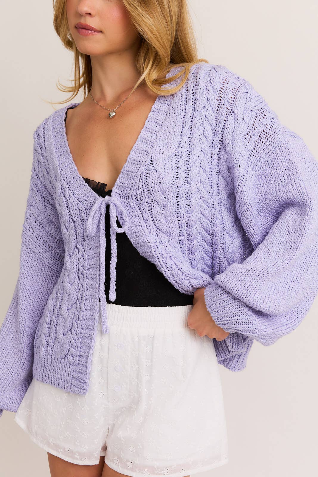 FRONT TIE CABLE CARDIGAN: LAVENDER /