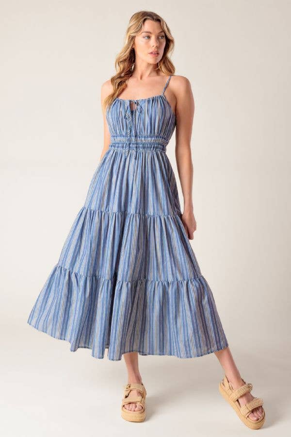 A striped woven midi dress - ID22001: DENIM BLUE STRIPE