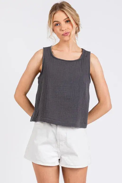 Cotton Gauze Round Neck Sleeveless Top - NT31273A: Black