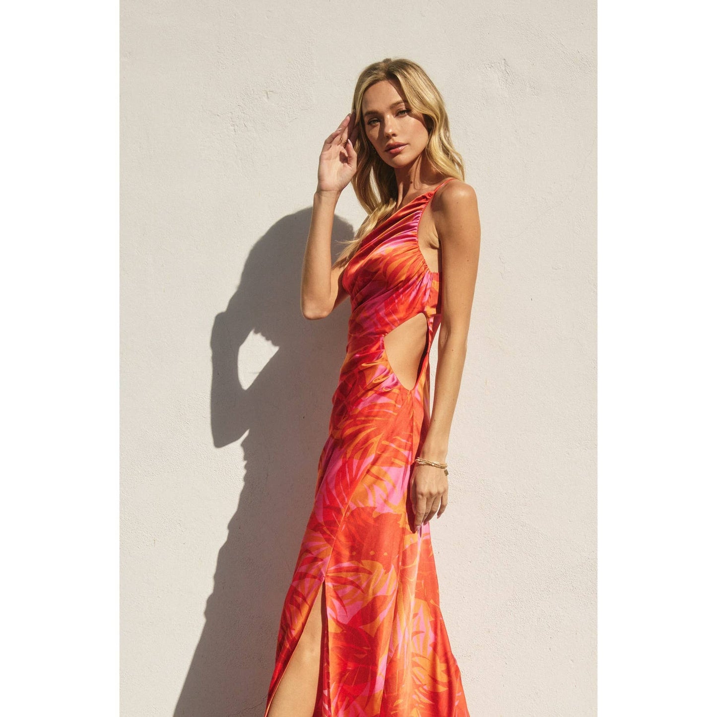 Sunset Lover One Shoulder Ruched Maxi Dress: FLAME SCARLET / FD12686-P1931_1
