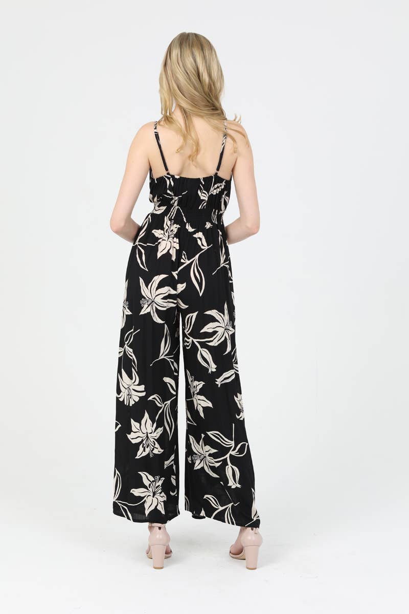 B5957-W921 V NECK SLIT LEG JUMPSUIT FLORAL PRINT: Blue