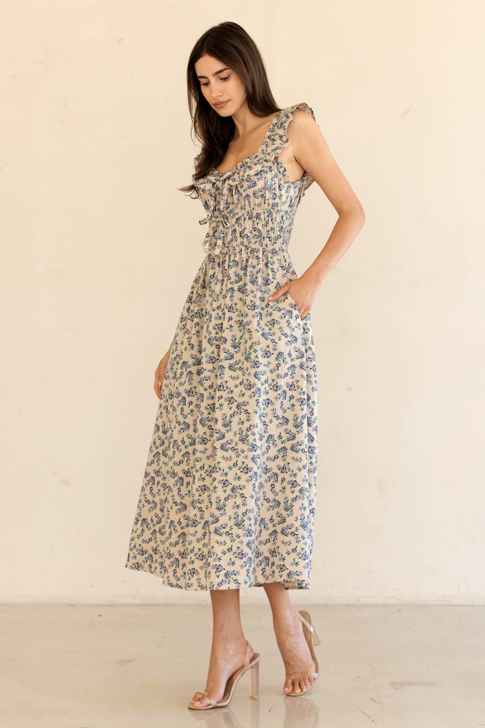 JD9158-RUFFLED SHOULDER MIDI DRESS: BEIGE