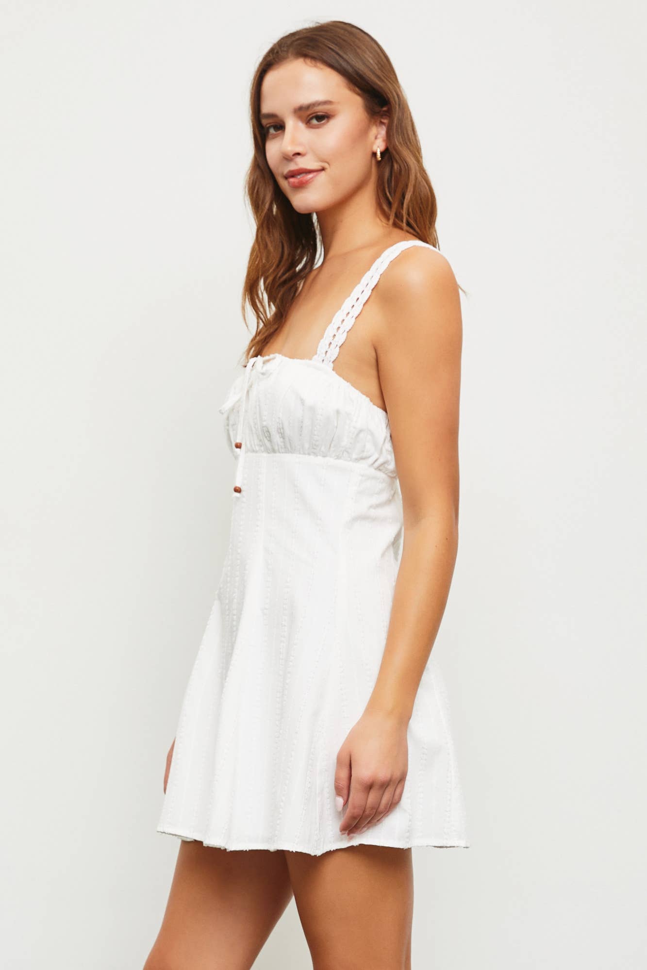 S22923 CROCHET TRIM STRAP MINI DRESS / White