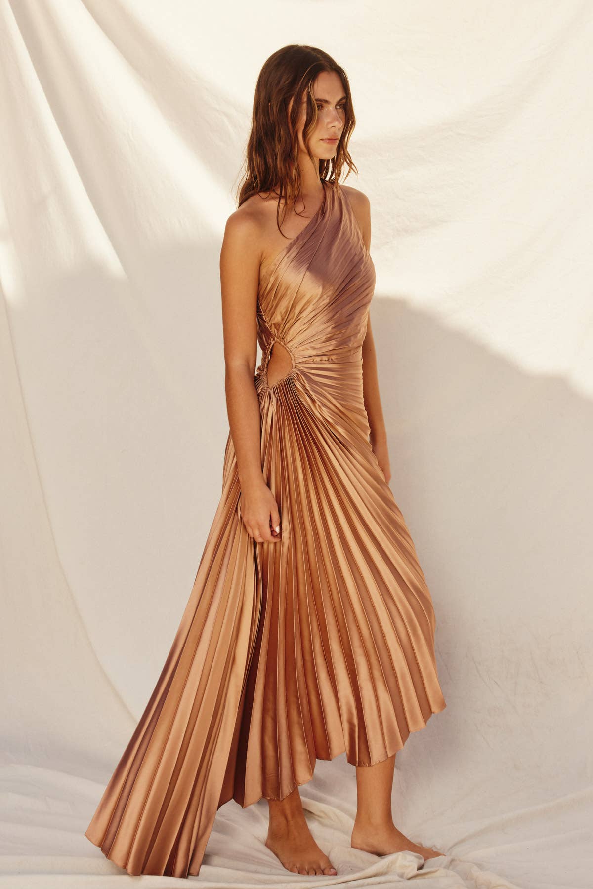 Olympia Asymmetrical Pleated Maxi Dress (1): GOLDEN OCHRE / S-M-L(3-2-1)