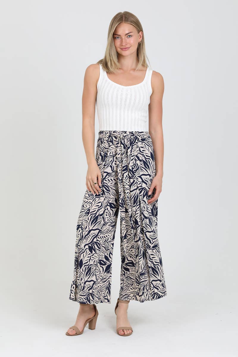25P63-FQ81 PRINTED WIDE LEG PANTS WITH FRONT SLITS AND TIE W