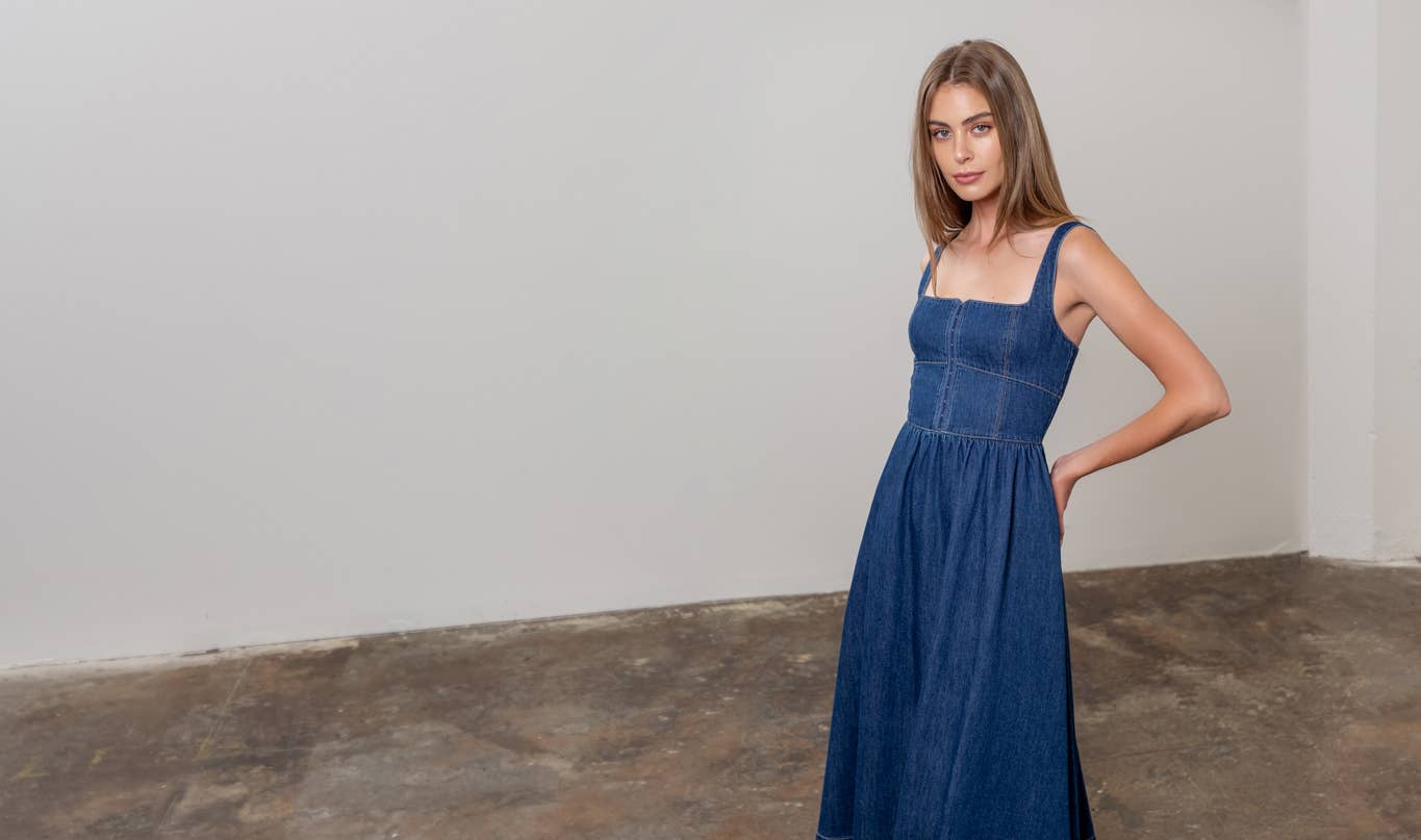 DENIM HOOF FRONT MIDI DRESS: MR9150_DENIM