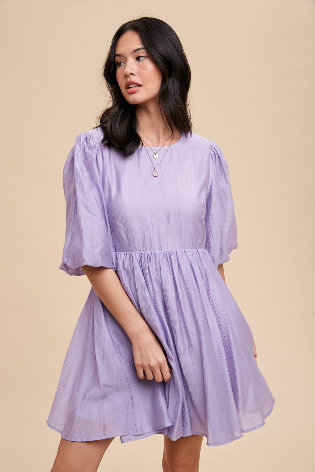 TENCEL BLEND PUFF SLEEVE MINI DRESS: ILD5681 / OFF WHITE
